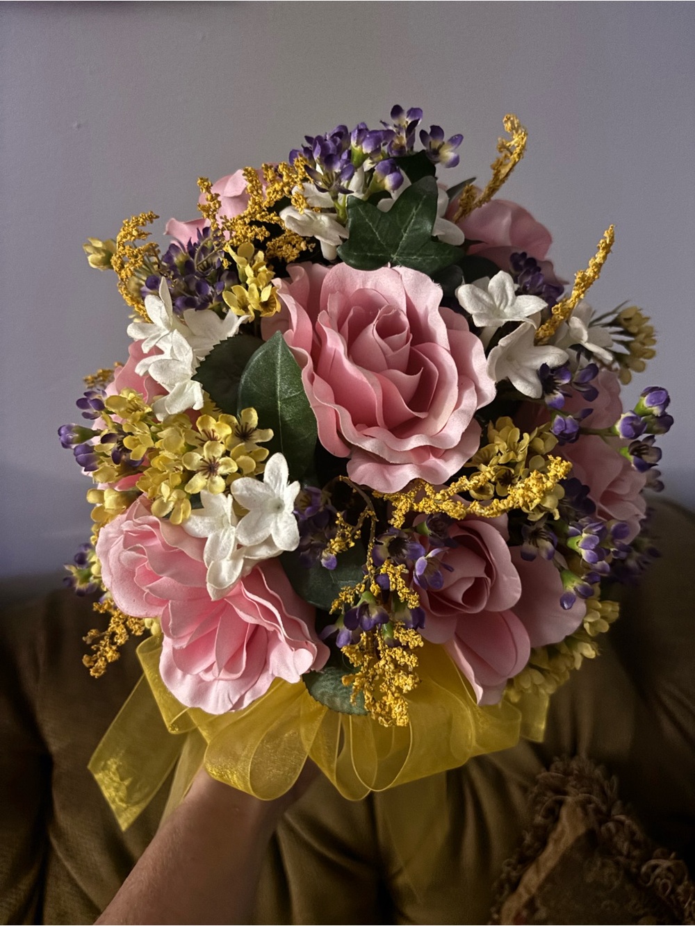 Soft Pink Rose Faux Bouquet with Yellow & Purple Accents -
